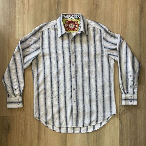 Robert Graham Mens Large Blue White Multi Stripe Long Sleeve Shirt Cotton EUC - Picture 1 of 6